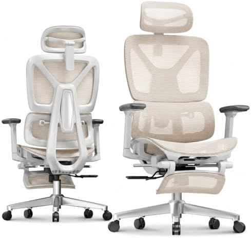FLEXISPOT ErgoX Ergonomischer Bürostuhl mit Fußstütze Beige | 3D-Armlehnen, 3D-Kopfstütze, 5 Fach höhenverstellbare Rückenlehne, Atmungsaktiver Mesh Sitz, Arbeitsstuhl
