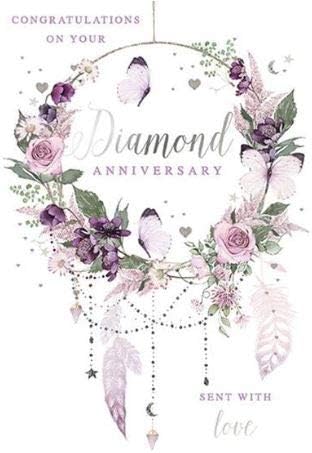 Beautiful Diamond Anniversary Congratulations Card From the Pizazz Range by Nigel Quiney - Dusky Flower Wreath with a Stunning Silver Foil Finish - Greeting Card For Both of You (NQ-HS506)
