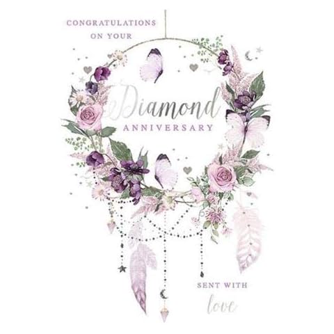 Beautiful Diamond Anniversary Congratulations Card From the Pizazz Range by Nigel Quiney - Dusky Flower Wreath with a Stunning Silver Foil Finish - Greeting Card For Both of You (NQ-HS506) Cover
