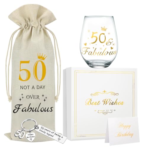 DEARLIVES 50th Birthday Wine Glasses - Personalised Gold Wine Glass Gifts, 17 Oz Bottle Bags for Women & Men