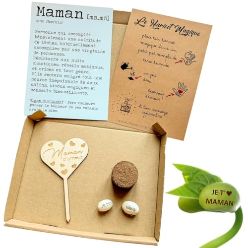 Générique Kit Haricot Magique à Planter – Cadeau Fête des Mères – Message Je t’aime Maman – Cadeau Enfant Original – Haricot Gravé + Carte Définition et Étiquette Bois Maman d’amour
