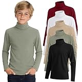 LessonZoo 5 Pack Boys Turtleneck Tops, Kids Long Sleeve T Shirts Turtle Neck Pullover Shirts Solid Color Warm Tees(Black, Olive Green, Beige, White, Wine Red,9-10 Years)