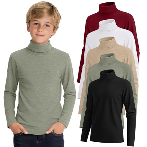 LessonZoo 5 Pack Boys Turtleneck Tops, Kids Long Sleeve T Shirts Turtle Neck Pullover Shirts Solid Color Warm Tees(Black, Olive Green, Beige, White, Wine Red,9-10 Years)