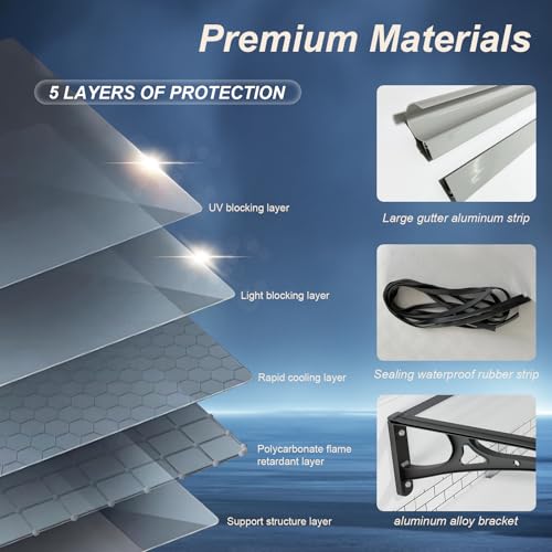 Door Awning Window Canopy Exterior,40x80IN Awnings for Doors Polycarbonate Cover Patio Door Awning UV Rain Snow Sunlight Protection Solid Sheet Aluminum Bracket with Separate Drainage Sink by GGNEBAI - Image 4