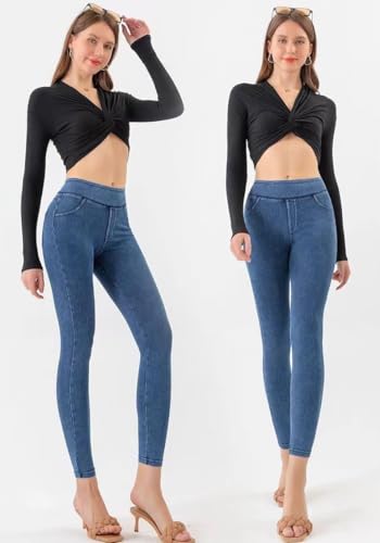 Women's Ultra Soft High Waist Denim Leggings Tummy Control Pull Stretchy with Pockets Jeans - Image 4