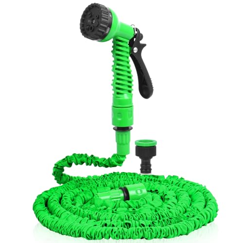Image of TIECHI Expandable Garden Hose Pipe with 7 Function Spray Gun – 50FT Water Hose with 3/4", 1/2" Tap Connector, Flexible Retractable Hosepipe for Car Wash, Outdoor and Garden Accessories (Green, 15M)