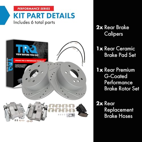 Image of TRQ Performance Rear Brake Pad and Rotor Set Ceramic Slotted Drilled Coated Rotors Calipers Compatible with 2007-2012 Lexus ES350 2008-2012 Toyota Avalon 2007-2011 Camry