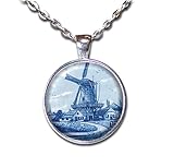 Windmill Delft Dutch Style Blue White - Handmade ROUND Glass Pendant Necklace Jewelry (24, Bright Silver)