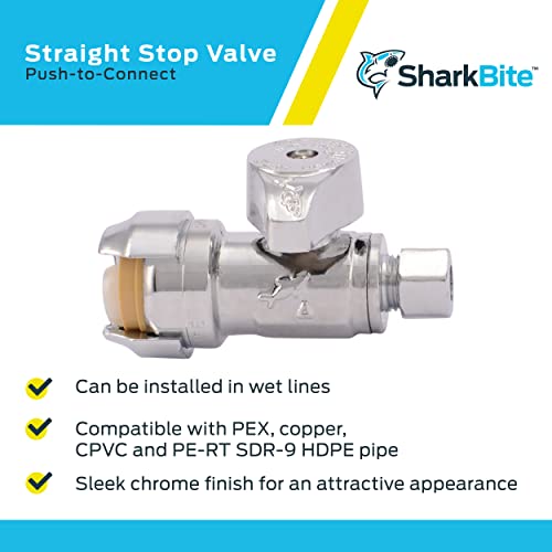 Sharkbite 1/2 Push To Connect X 1/4 Inch (3/8 Inch Od) Push To Connect Straight Stop Valve, Quarter Turn, Pex Pipe, Copper, Cpvc, Pe-Rt, Hdpe, 23337-0000Lf #TOP3