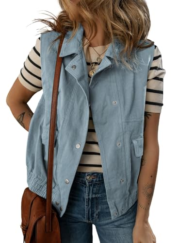 Dokotoo Vests for Women Lapel Button-down Pockets Elastic Hem Utility