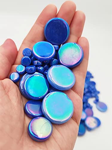 1.1lb Random Round Iridescent Glass Mosaic Tiles, Making Creative Iridescent Glass Mosaic Pieces for DIY Craft,Flowerpots, Vases, Cups, Garden Decor Mosaic Making Supplies… (Blue) - Thumbnail 3