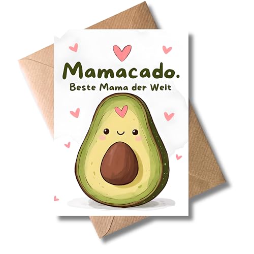 WBdesignz süße Mamatag-Karte „Mamacado. Beste Mama der Welt“ mit Umschlag - mit Avocado-Motiv und rosa Herzen - süße Glückwunschkarte zum Geburtstag, Muttertag oder als Dankeschön für Mama's (DIN A6)