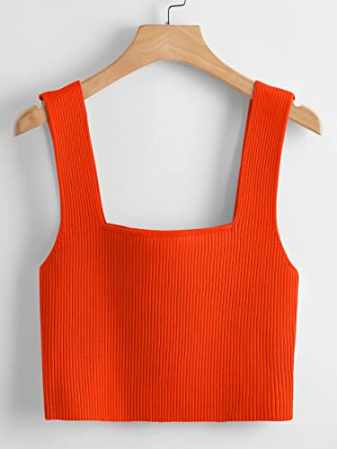 Verdusa Women's Square Neck Sleeveless Solid Ribbed Knit Crop Top Tank Orange L #TOP3