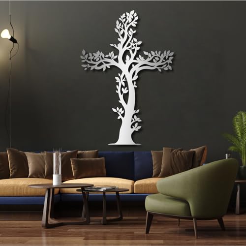 Tree of Life Metal Art 3D Large wall decorJesus Cross Art,Christian for,Crosses Decor -Living Room,Bedroom,Fice,Church (Sliver,7049 cm / 2819 in)