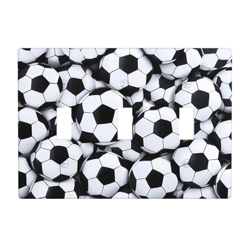 Moslion Soccer Ball Figures 3-Gang Switch Plug Covers Black White Football Shape Triple Toggle Wall Plate Decor Light Covers for Home Kitchen Bedroom