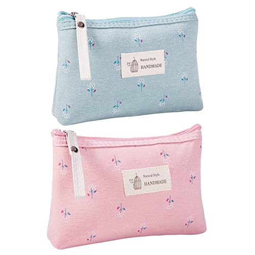 Qikuver Canvas Cosmetic Bags, 2 Pieces Cosmetic Bags for Women, Makeup bag Cute Cosmetic Bag Organizer Small Mini Makeup Pouch for Purse Toiletry Bag