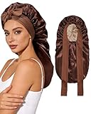 AWAYTR Long Satin Bonnet for Sleeping - Double Layer Reversible Silk Bonnet for Long Hair Women Sleeping Cap with Tie Band (Brown+Champagne)
