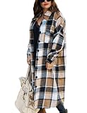 Omoone Women's Lounge Lapel Button Up Long Sleeve Plaid Long Shirt Jacket Shacket(1766-Brown-L)