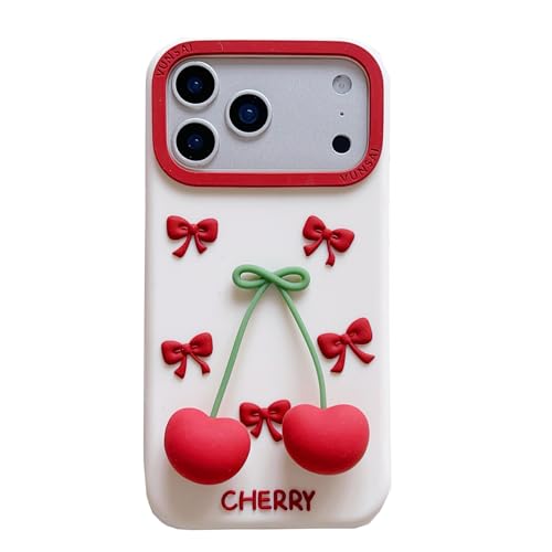 wifantien 3D Bowknot Case for iPhone 17 Pro/iPhone 18 Pro 6.3",Cartoon Cute Kawaii Lovely Character Bowknot with Cherry Pendant Girls Women Soft Silicone Case