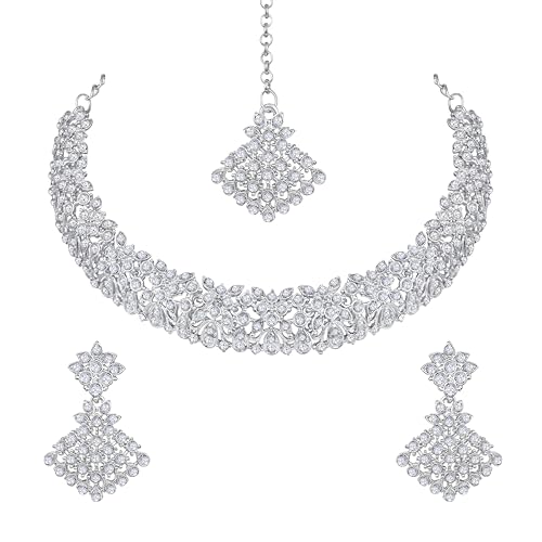 Image of Atasi International Silver Plated White Crystals American Diamonds Stylish Necklace Set with Earrings and Maang Tikka for Women and Girls | Stylish Jewellery for Party, Wedding and Festive Occasions (R6159)