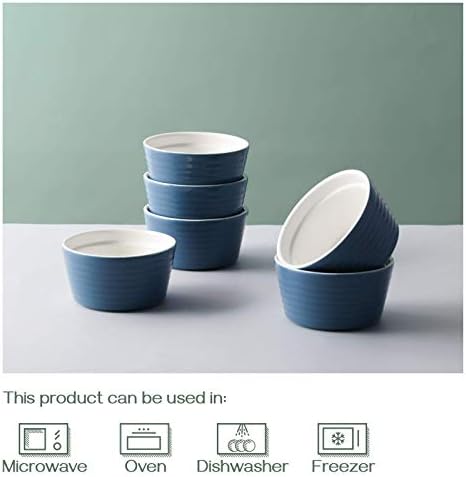 DOWAN Ramekins 6 oz Oven Safe, Porcelain Ramekins Souffle Dish, Creme Brulee Ramekins, Ramekins for Baking, Stackable Ramekin for Pudding, Spinach Souflees, Set of 6, Blue (6 oz)