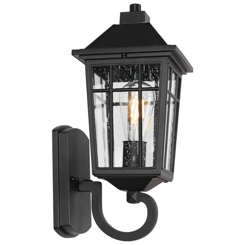 Image of JYZ Outdoor Porch Light Wall Mount, 15 inch Exterior Wall Lighting Fixtures with Seeded Glass Shade, Anti-Rust Matte Black Outdoor Wall Sconce, E26 Base Outside Lantern for Front Door, Patio, Garage