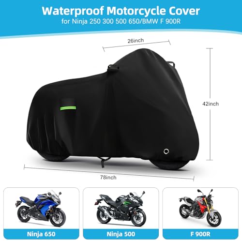 Image of Motorcycle Cover Waterproof for Kawasaki Ninja 250 300 400 500 650 /BMW F 900R, Heavy Duty Outdoor Sun UV Rain Dust All Weather Protection Motorbike Cover with Soft Cotton Lining & Lock Hole-Black