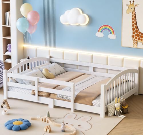 Bellemave Full Size Floor Bed for Kids, Full Floor Bed with Fence, Wooden Montessori Floor Beds, White with slats by Bellemave - Used condition - Image 2