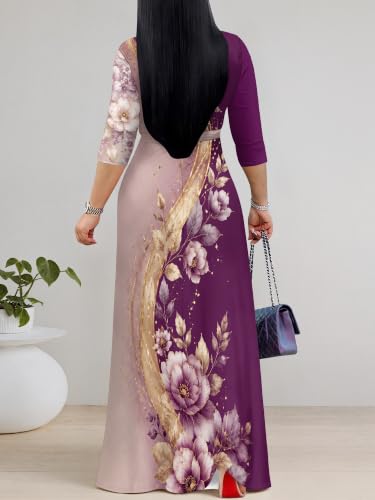 Image of Women's V Neck Floral Maxi Dress 3 /4 Sleeve Plus Size Boho Wrap Flowy Long Dresses with Belt