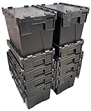 Loadhog Heavy Duty 100% Recycled Plastic 25 Litre Attached Lidded Container Storage Box Totes (L 400 x W 300 x H 305 mm) Black - Pack of 10