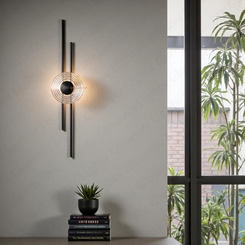 Image of Glowave Modern Black 600mm Metal Rod Sconce with Textured Glass Shade Wall Light - Tricolor (746 /BK)