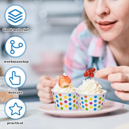BAIFULAI 50 Stück Eisbecher aus Papier mit Löffel, 200ml Kuchenbecher, Eisschalen Pappe Pappschalen Dessertbechers mit Farbige Punkte für EIS, Dessert, Fingerfood, Joghurt – Bild 5