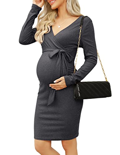 KOJOOIN Vestido Lactancia para Mujer Vestido Ajustado de Manga Larga Falda Premamá Cuello en V Vestido de Fiesta hasta la Rodilla con Cinturón (Embalaje MÚLTIPLE), A-Gris Oscuro, XL