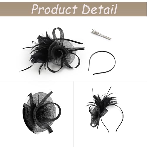Fascinators Hats 20s 50s Pillbox Hat Tulle Fascinators for Women Tea Party Headband Clip Hat Wedding Cocktail Headwear (Black) - Thumbnail 3