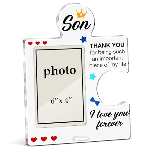 Son Gifts from Mom and Dad Picture Frame, Birthday Gifts for Son Christmas Gift Idea for Men Boys from Father, Mother Acrylic Puzzle Piece Desktop Display Photo Frames, Vertical 6 x 4 Inch Photo