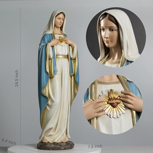 BC Catholic Immaculate Heart of Virgin Mary Statue, 24.5\" H Holy Mother Statue for Altar, Religious Gift for Church, Hospital, School, Renaissance Sculpture Handpainted by Buildclassic
