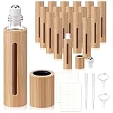 BrightRow 18 Pcs 10ml Bamboo Roll on Bottles for Essential Oils Empty Bottles with Stainless Steel Roller Balls with Funnels, 3ml Droppers and Stickers