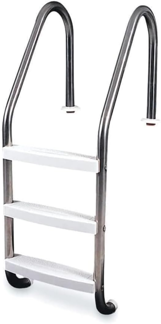 Poolzilla Three Tread Stainless Steel Pool Ladder Entry and Exit System for In-Ground Salt Water Swimming Pools, Non-Slip Plastic White Steps 250 Pound Capacity
