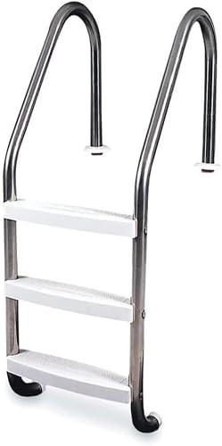 Poolzilla Three Tread Stainless Steel Pool Ladder Entry and Exit System for In-Ground Salt Water Swimming Pools, Non-Slip Plastic White Steps 250 Pound Capacity