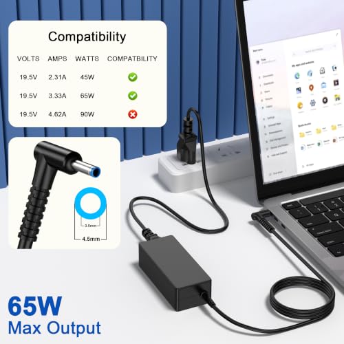 Image of 65W Laptop Charger Replacement for HP Laptop HP EliteBook Envy Pavilion ProBook Stream Chromebook Spectre, Blue Tip 4.5mm 19.5V 3.33A Computer Power Adapter