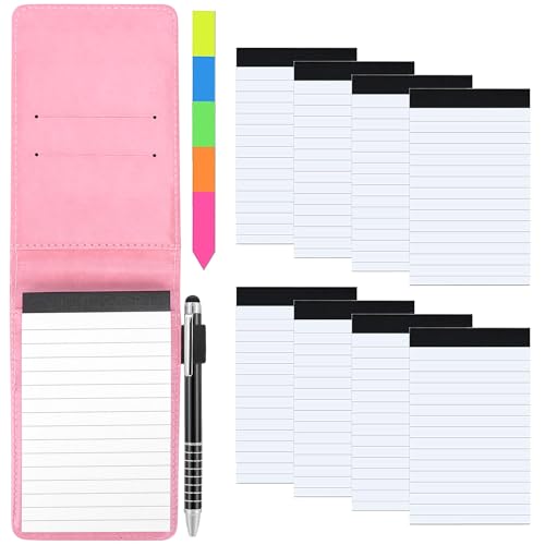Meetory 11 Pcs Small Pocket Notebook Mini Notepad Set, Included A7 Pu Leather Notebook Pen Holder with 50 Lined Sheets, 8 Notepad Memo Book Refills with 30 Lined Paper, Metal Pen And Index Tag(Pink)