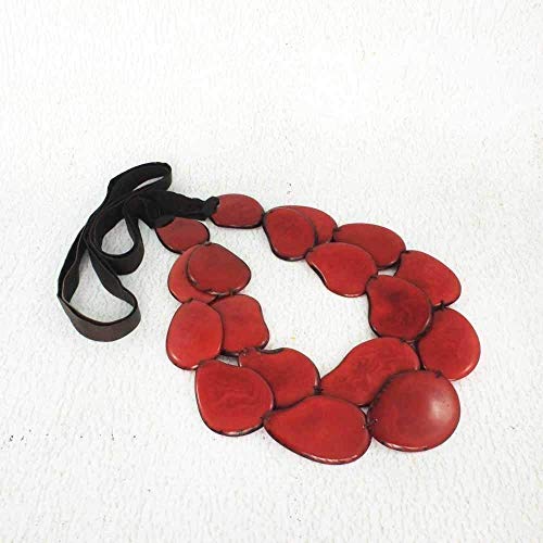 Red Statement Bib Necklace With Chunky Tagua Nut, Handmade Beaded Costume Jewelry For Women #TOP6