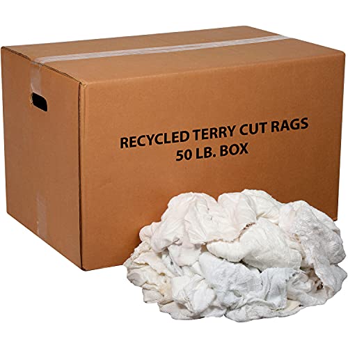 Global Industrial 50 Lb. Box Premium Recycled Cotton Terry Cut Rags, White, General Purpose Woven Wipers for Polishing Dusting and Cleaning Jobs, Assorted Sizes