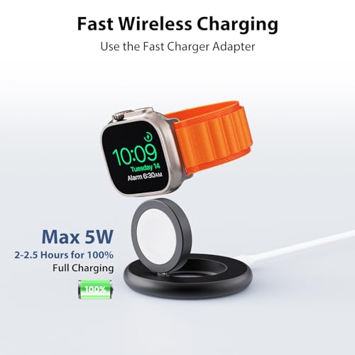 KU XIU 5W Fast Wireless for Apple Watch Charger, Aluminum Alloy Portable Magnetic Charging Station with USB-C Cable, Compatible with iWatch Series Ultra/Ultra2/9/8/7/6/5/4/3/2/SE, Travel Charger-Black