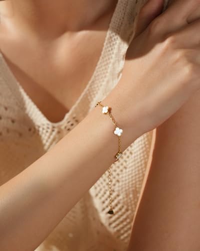 Four Leaf Clover Bracelet Birthday Gift for Women, Gold Plated White Flower Lucky Charm Jewelry for Best Friend, Sister, Wife, Girlfriend or Bestie3