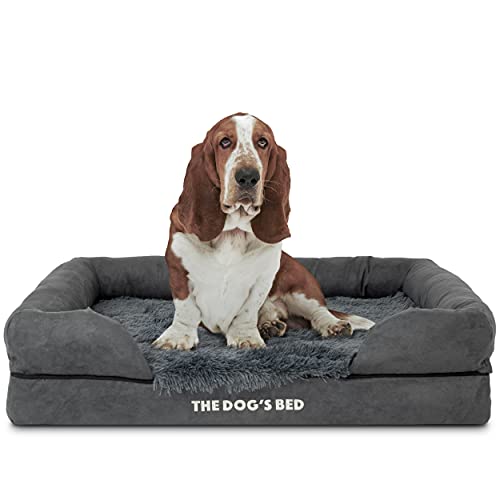 The Dog’s Bed, Large Grey Fur, Memory Foam, Pain Relief: Arthritis, Hip & Elbow Dysplasia, Post Surgery, Lameness, Supportive, Calming, Waterproof Washable Cover, Veterinary Approved