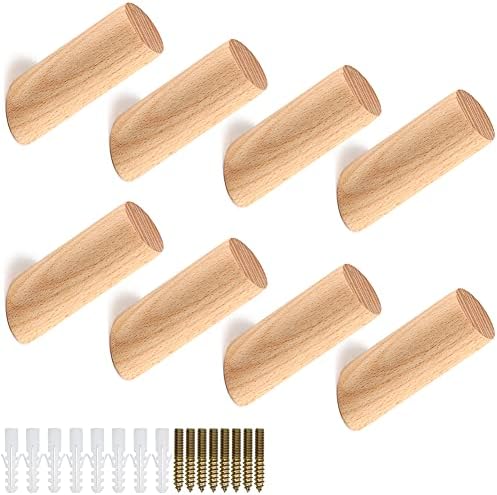 Jerxiero 8 Pack Wood Wall Hooks, Wooden Coat Pegs, Medium-Size Beech Wooden Cylinder Hanger, 8cm Wall Mounted Racks for Hanging