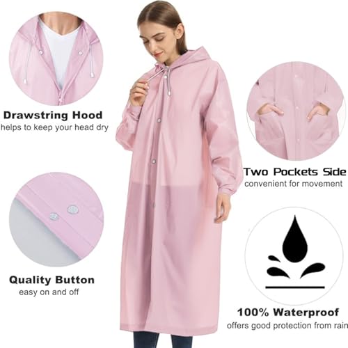 Besshopie EVA Raincoat Waterproof Rain Poncho Reusable Unisex Women Long Clear Rain Wear Pink M - Thumbnail 5