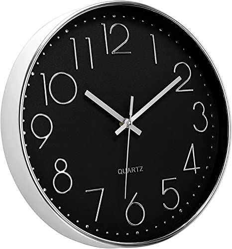 Image of FIGMENT Wall Clock 12 inch Silent .Quartz Decorative Wall Clock Non-Ticking Classic Clock Battery Operated Round Easy to Read for Room /Home /Kitchen /Bedroom /Office /School (Black Silver)