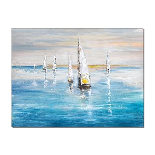 ZNYB Cuadros Pintados A Mano Yiqing Barco de Vela en el mar Pintura 100% Pintado a Mano Pintura al óleo Moderno Lienzo Abstracto Arte Mural para decoración del hogar